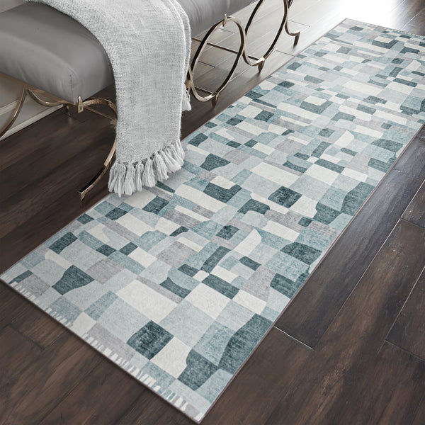 Hallway Runner Rug Blue Grey Ivory Checked Modern Geometric Carpet Rugs 80x300cm