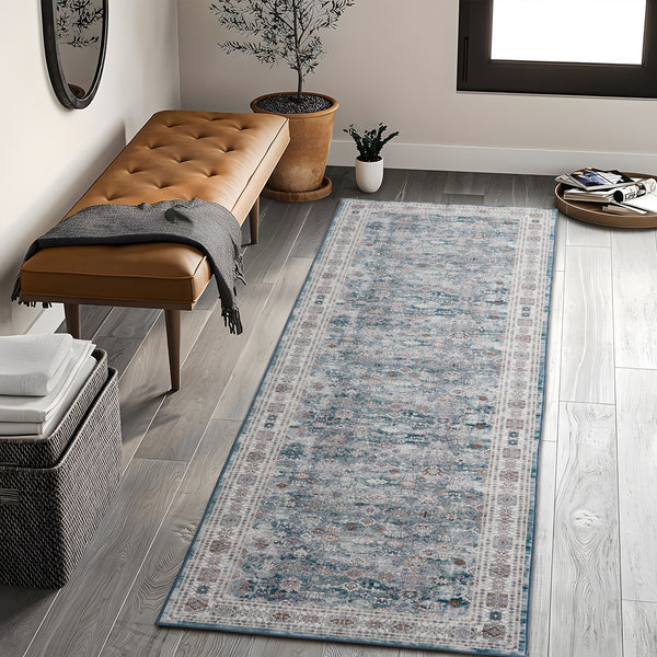 Extra Large Floor Rug Blue Soft Plush Distressed Vintage Retro Carpet Machine Washable Rugs