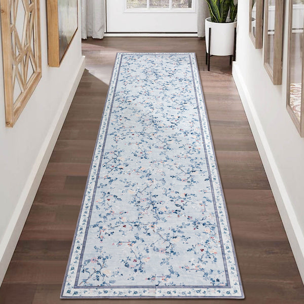 Extra Large Floral Rug Pale Blue Allover Vines Distressed Machine Washable Modern Carpet Non Slip Mat