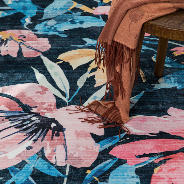 Dark Blue Hallway Runner Non Slip Modern Floor Rugs Floral Washable Mat 80x300cm