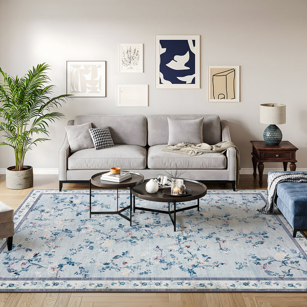 Extra Large Floral Rug Pale Blue Allover Vines Distressed Machine Washable Modern Carpet Non Slip Mat