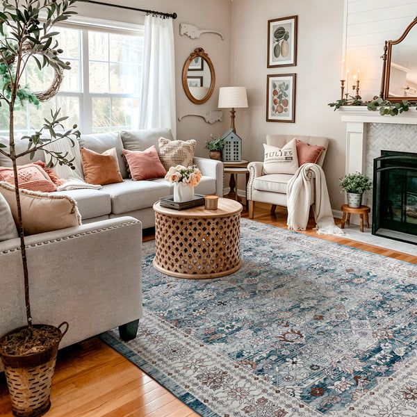 Extra Large Floor Rug Blue Soft Plush Distressed Vintage Retro Carpet Machine Washable Rugs