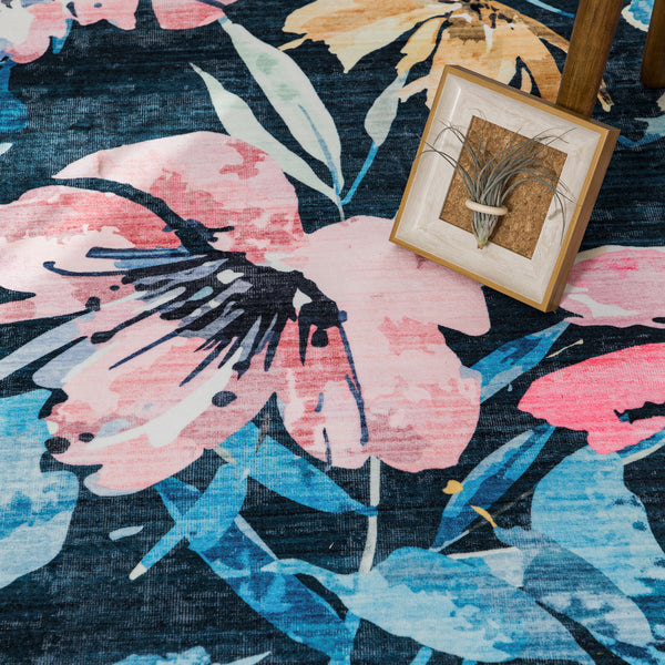 Dark Blue Hallway Runner Non Slip Modern Floor Rugs Floral Washable Mat 80x300cm