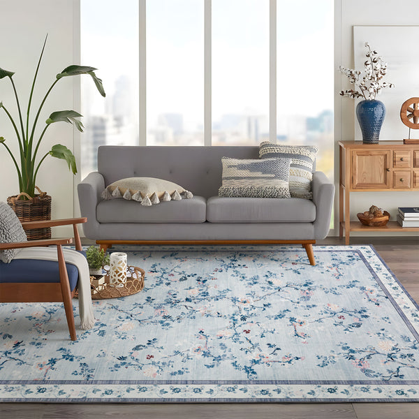 Extra Large Floral Rug Pale Blue Allover Vines Distressed Machine Washable Modern Carpet Non Slip Mat