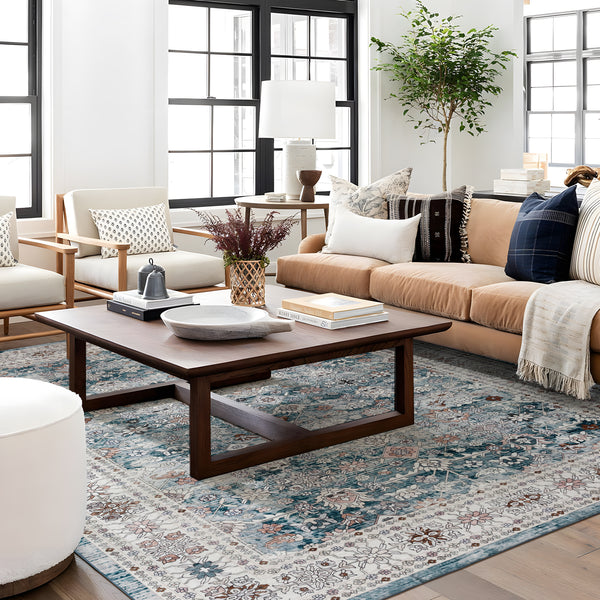 Extra Large Floor Rug Blue Soft Plush Distressed Vintage Retro Carpet Machine Washable Rugs