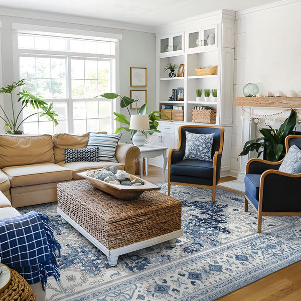 Extra Large Floor Rug Coastal Theme Charming Blue Soft Plush Non Slip Traditional Retro Lounges Machine Washable Mat