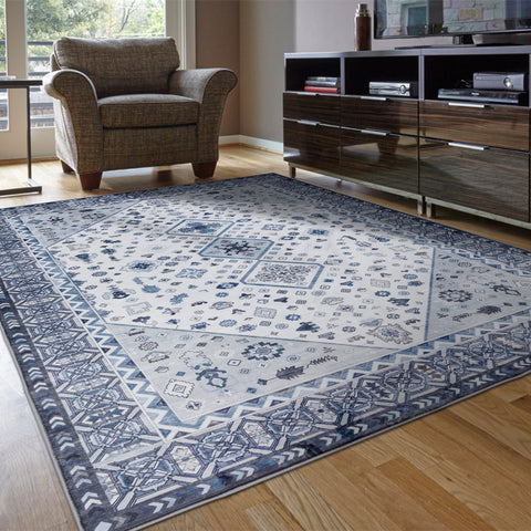 Floor Rug Blue Thick Plush Boho Geometric Floral Traditional Carpet Machine Washable