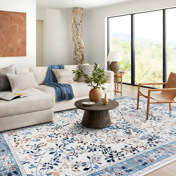 Extra Large Rug Blue Ivory Soft Stunning Hamptons Style Carpet Machine Washable Mat