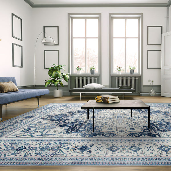 Extra Large Floor Rug Coastal Theme Charming Blue Soft Plush Non Slip Traditional Retro Lounges Machine Washable Mat