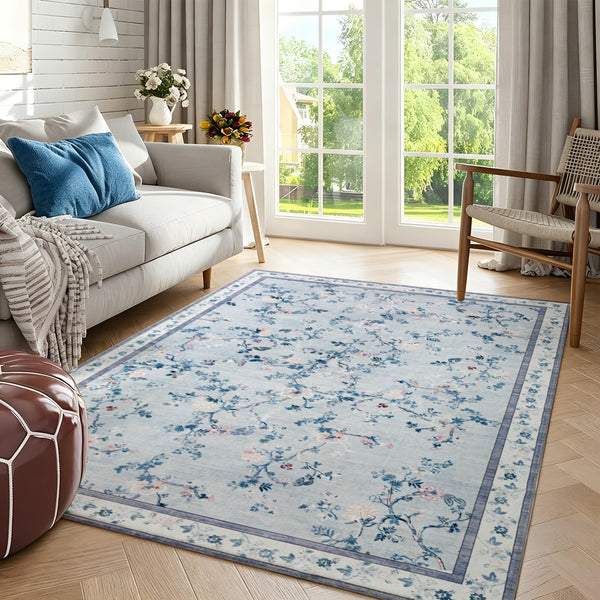 Extra Large Floral Rug Pale Blue Allover Vines Distressed Machine Washable Modern Carpet Non Slip Mat