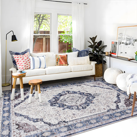 Flash Deal Extra Large Rug Blue Ivory Beautiful Allover Traditional Carpet Machine Washable Mat