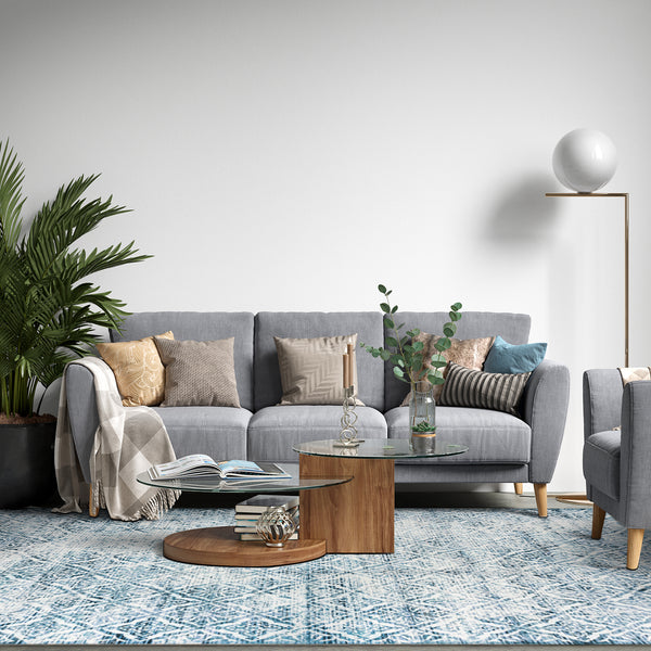 Clearance Extra Large Blue Rug Soft Distressed Diamond Modern Lounges Carpet Non Slip Machine Washable Mat - Rugaustralia