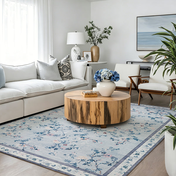 Extra Large Floral Rug Pale Blue Allover Vines Distressed Machine Washable Modern Carpet Non Slip Mat