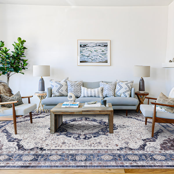 Extra Large Rug Blue Ivory Beautiful Allover Traditional Carpet Machine Washable Mat