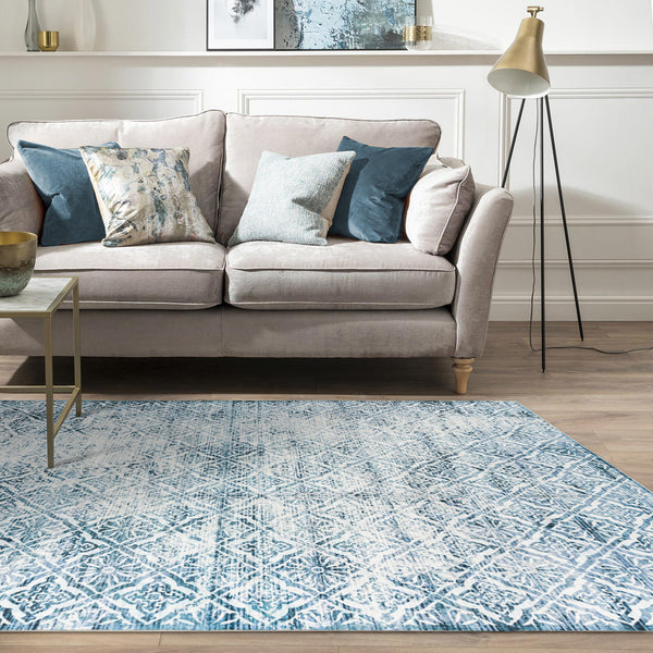 Clearance Extra Large Blue Rug Soft Distressed Diamond Modern Lounges Carpet Non Slip Machine Washable Mat - Rugaustralia
