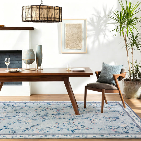Extra Large Floral Rug Pale Blue Allover Vines Distressed Machine Washable Modern Carpet Non Slip Mat