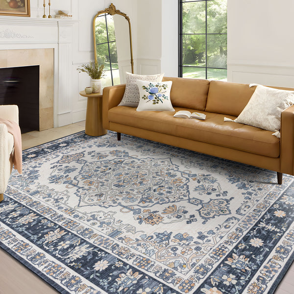 Extra Large Floor Rug Soft Plush Navy Blue Vintage Machine Washable Traditional Carpet Runner Rug