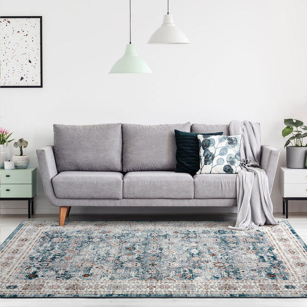 Extra Large Floor Rug Blue Soft Plush Distressed Vintage Retro Carpet Machine Washable Rugs