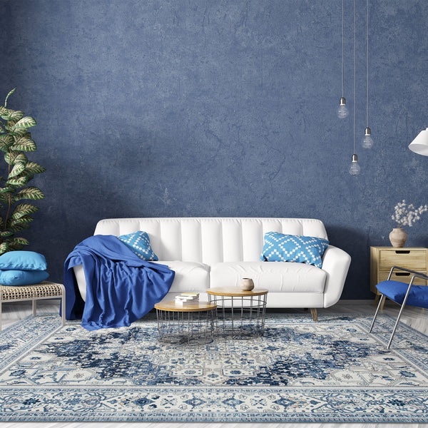 Extra Large Floor Rug Coastal Theme Charming Blue Soft Plush Non Slip Traditional Retro Lounges Machine Washable Mat