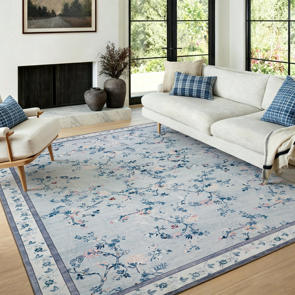 Extra Large Floral Rug Pale Blue Allover Vines Distressed Machine Washable Modern Carpet Non Slip Mat