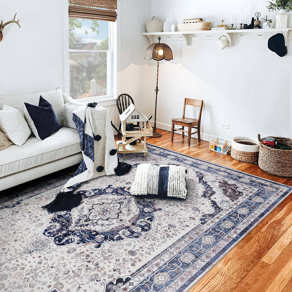 Extra Large Rug Blue Ivory Beautiful Allover Traditional Carpet Machine Washable Mat