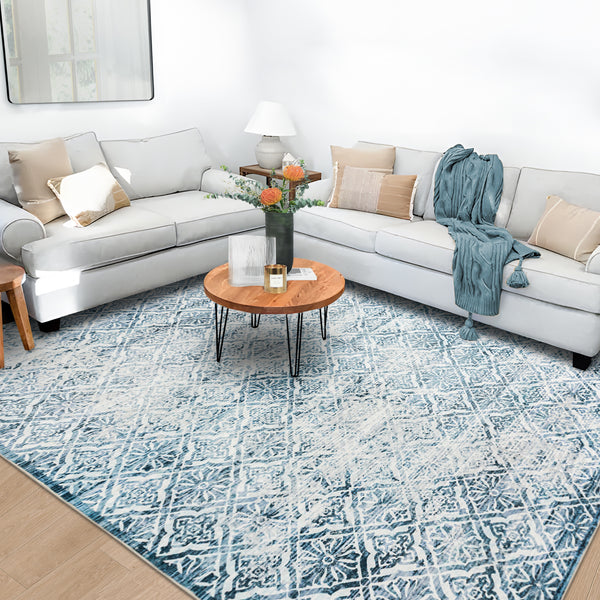 Clearance Extra Large Blue Rug Soft Distressed Diamond Modern Lounges Carpet Non Slip Machine Washable Mat - Rugaustralia