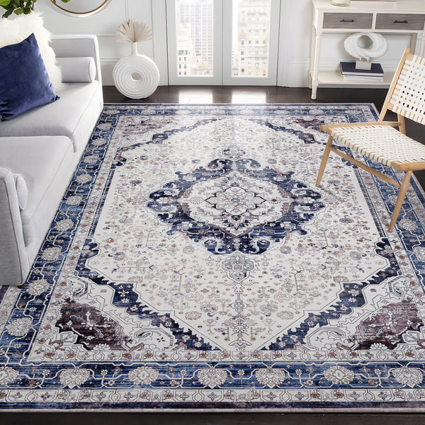 Extra Large Rug Blue Ivory Beautiful Allover Traditional Carpet Machine Washable Mat