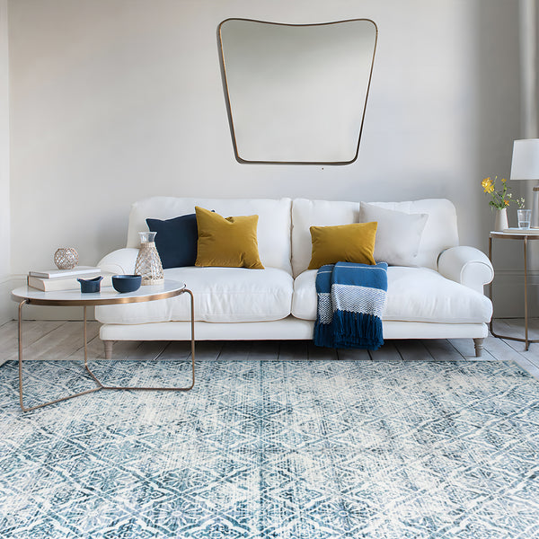 Clearance Extra Large Blue Rug Soft Distressed Diamond Modern Lounges Carpet Non Slip Machine Washable Mat - Rugaustralia