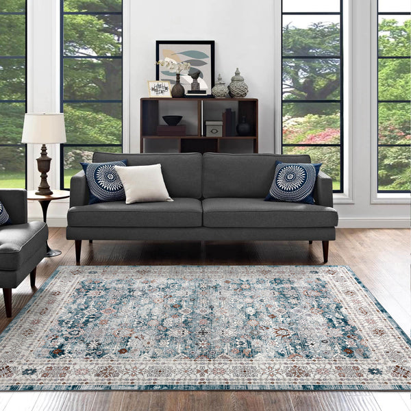 Extra Large Floor Rug Blue Soft Plush Distressed Vintage Retro Carpet Machine Washable Rugs