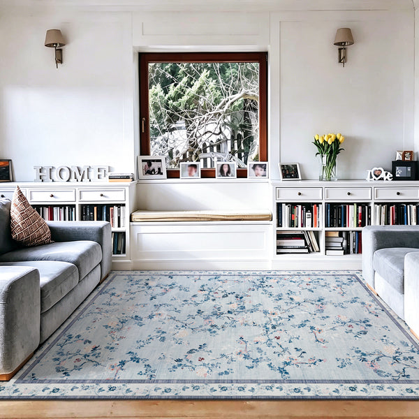 Extra Large Floral Rug Pale Blue Allover Vines Distressed Machine Washable Modern Carpet Non Slip Mat