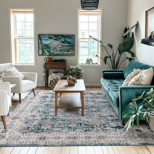 Extra Large Floor Rug Blue Soft Plush Distressed Vintage Retro Carpet Machine Washable Rugs