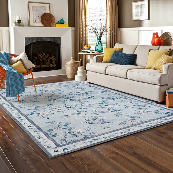 Extra Large Floral Rug Pale Blue Allover Vines Distressed Machine Washable Modern Carpet Non Slip Mat