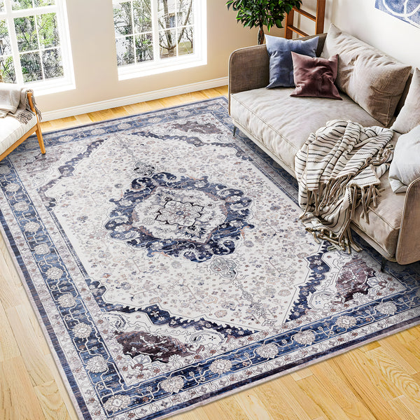 Extra Large Rug Blue Ivory Beautiful Allover Traditional Carpet Machine Washable Mat