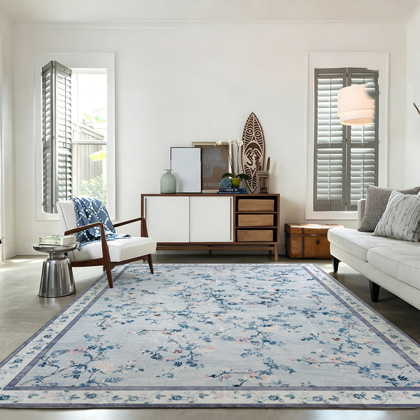 Extra Large Floral Rug Pale Blue Allover Vines Distressed Machine Washable Modern Carpet Non Slip Mat