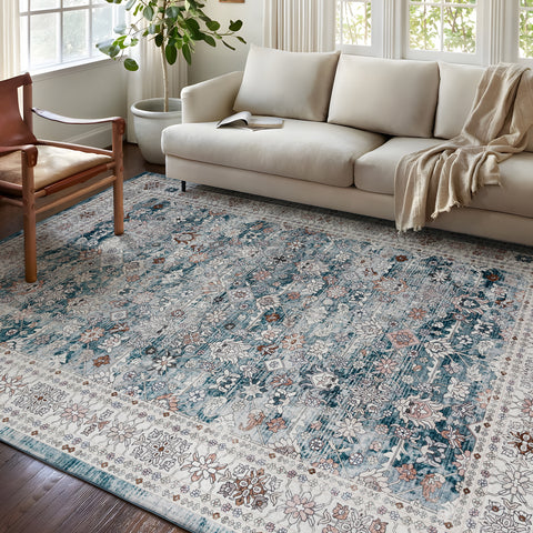 Extra Large Floor Rug Blue Soft Plush Distressed Vintage Retro Carpet Machine Washable Rugs