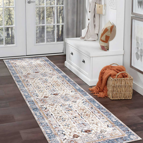 Blue Vintage Hallway Runner Soft Plush Retro Runner Rug Non-slip Mat 80x300cm