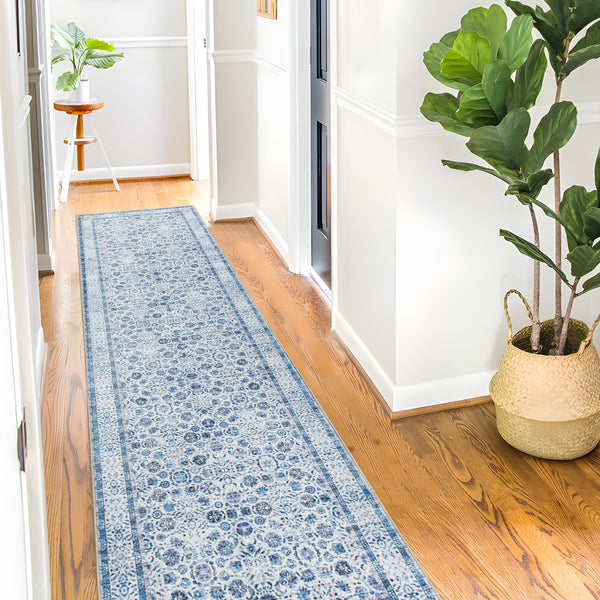 Bright Blue Mandala Hallway Runner Soft Plush Floor Rug Washable Mat 80x300cm