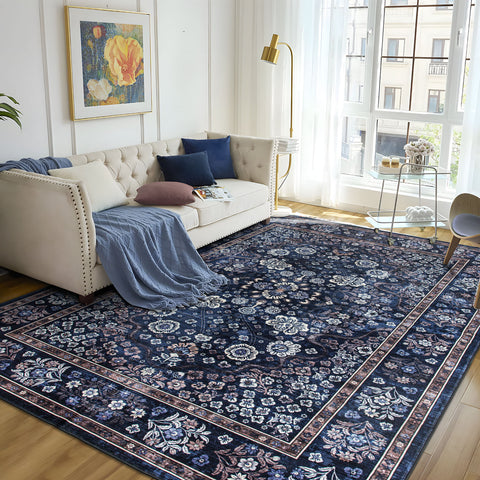 Extra Large Floor Rug Stunning Navy Blue Blooming Flowers Plush Non Slip Traditional Retro Lounges Machine Washable Mat