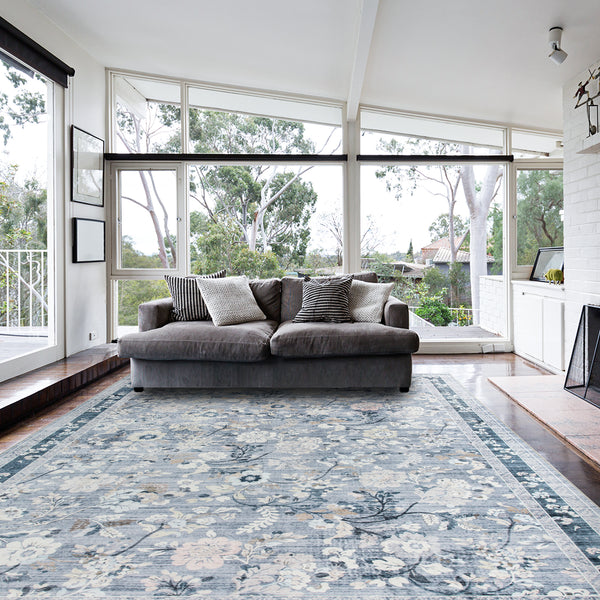 Extra Large Floor Rug Sky Blue Floral Leaves Lounges Carpet Machine Washable Tropical Mat Non Slip Soft Plush Rugs