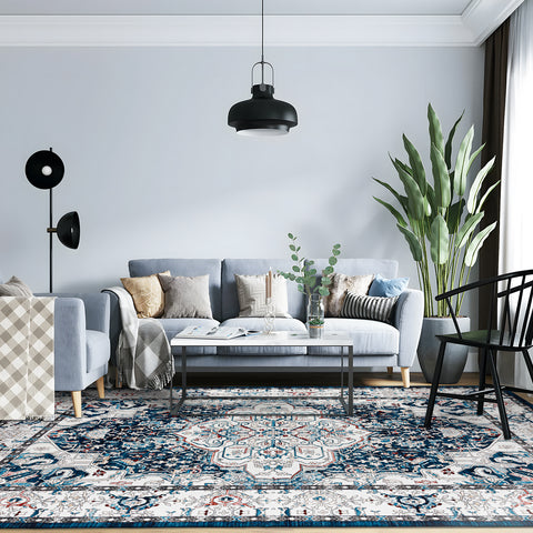 Extra Large Floor Rug Indigo Beautiful Medallion Vintage Carpet Machine Washable Mat - Rugaustralia