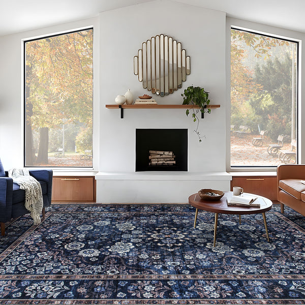 Presale Extra Large Floor Rug Stunning Navy Blue Blooming Flowers Plush Non Slip Traditional Retro Lounges Machine Washable Mat