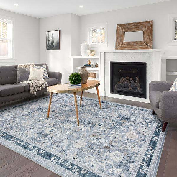 Extra Large Floor Rug Sky Blue Floral Leaves Lounges Carpet Machine Washable Tropical Mat Non Slip Soft Plush Rugs