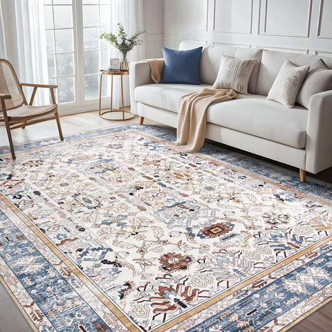 Extra Large Rug Navy Blue Ivory Beautiful Vintage Traditional Carpet Machine Washable