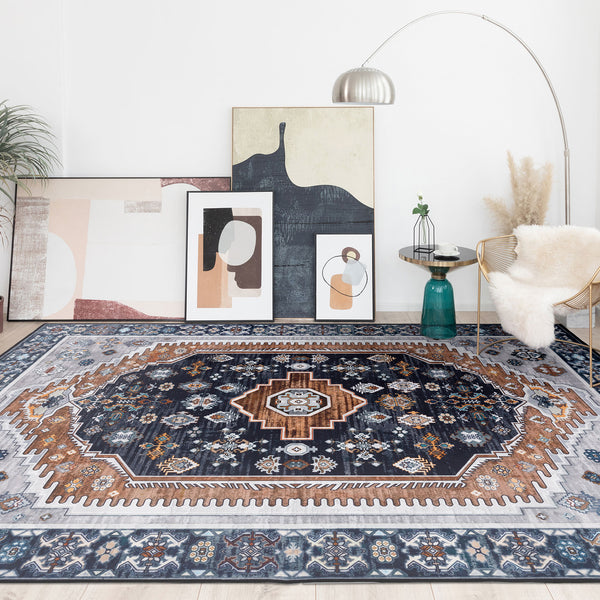 Clearance Extra Large Rug Dark Blue Brown Soft Plush Vintage Machine Washable Carpet Hallway Runner 6 Sizes