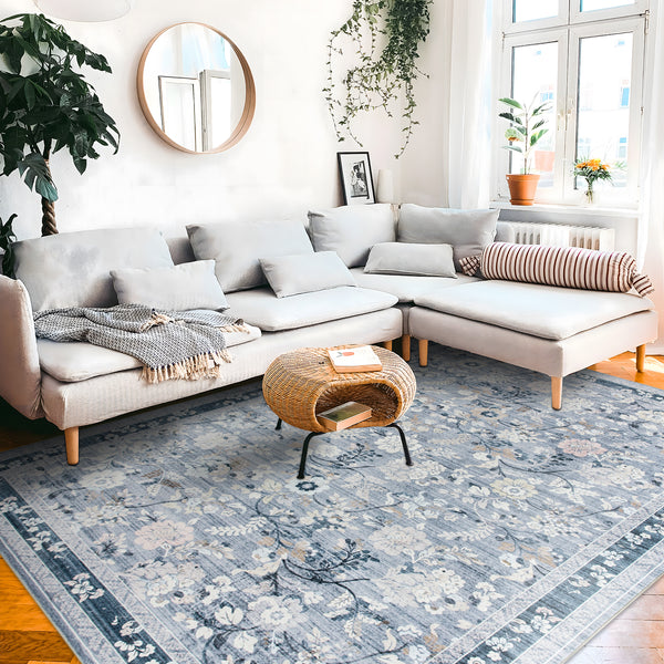 Extra Large Floor Rug Sky Blue Floral Leaves Lounges Carpet Machine Washable Tropical Mat Non Slip Soft Plush Rugs