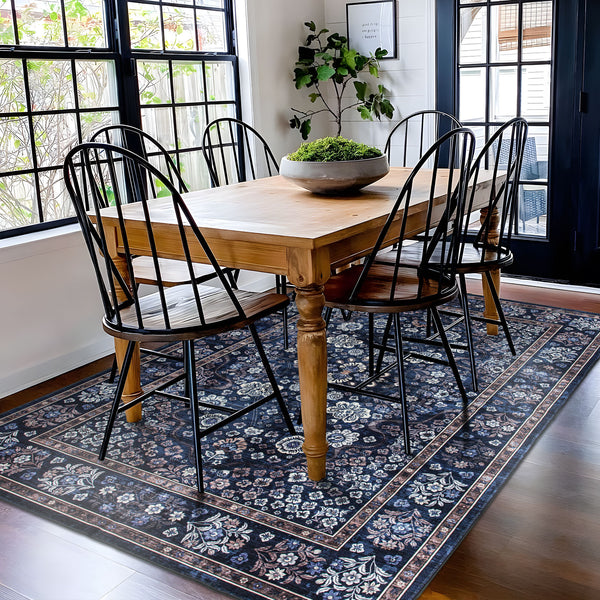 Presale Extra Large Floor Rug Stunning Navy Blue Blooming Flowers Plush Non Slip Traditional Retro Lounges Machine Washable Mat