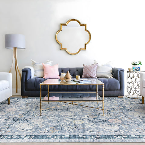 Extra Large Floor Rug Sky Blue Floral Leaves Lounges Carpet Machine Washable Tropical Mat Non Slip Soft Plush Rugs