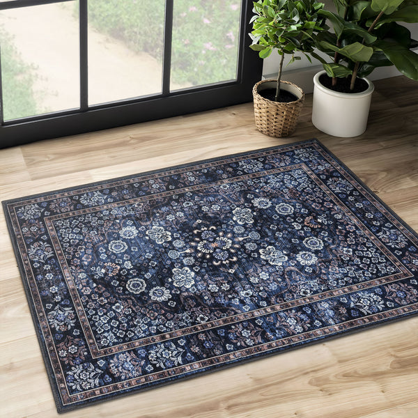 Presale Extra Large Floor Rug Stunning Navy Blue Blooming Flowers Plush Non Slip Traditional Retro Lounges Machine Washable Mat