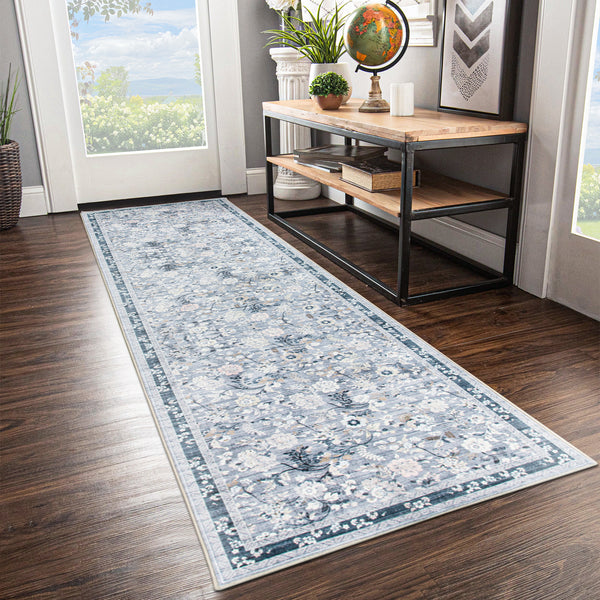Sky Blue Hallway Runner Non Slip Corridor Rug Soft Allover Leaves Carpet 80x300cm