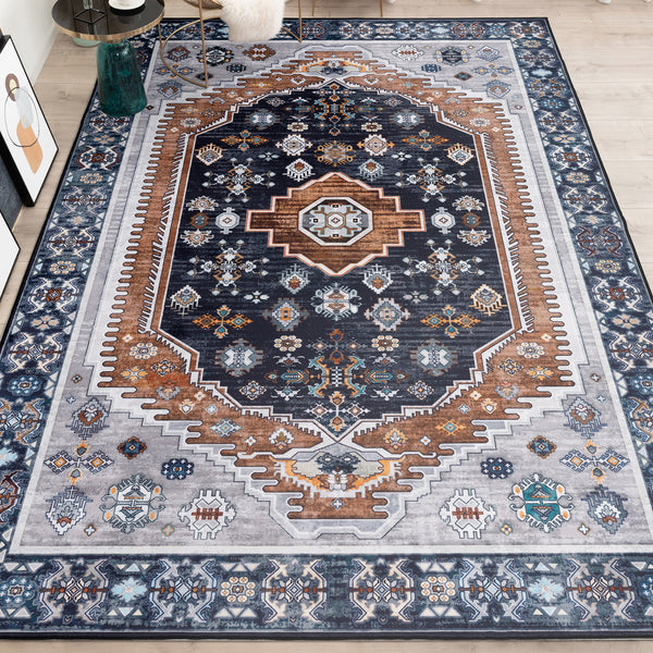 Clearance Extra Large Rug Dark Blue Brown Soft Plush Vintage Machine Washable Carpet Hallway Runner 6 Sizes